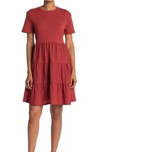 SUSINA Rust Crew Neck Short Sleeve Tiered Dress 2X